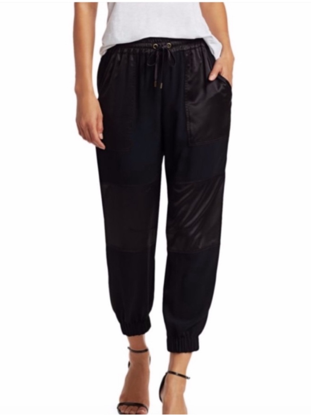 Ramy Brook Black Stretchy Silk Cropped Jogger Pants. Size Medium.